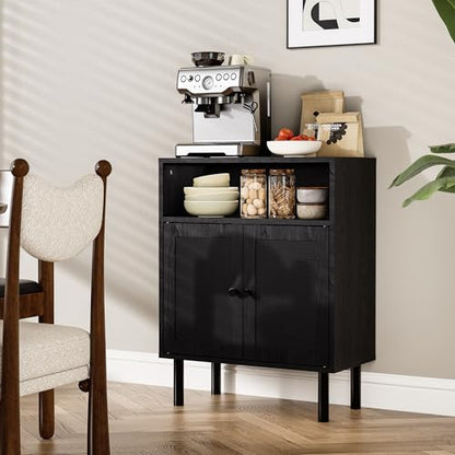 Rattan Storage Cabinet, Boho Accent Cabinet with Double Doors | Small Freestanding Sideboard for Hallway, Laundry Room,Kitchen, Dining Room, Entryway (Black) - color: Black