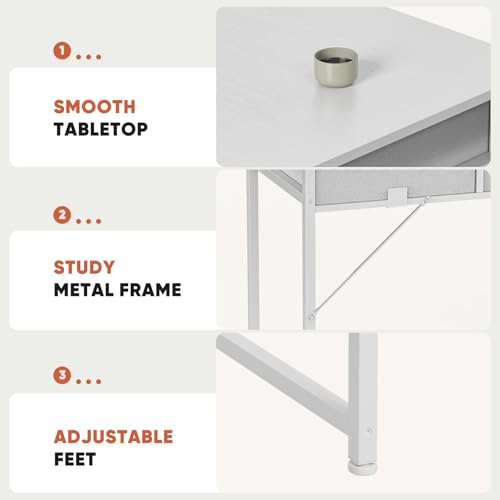 DUMOS 32" Home Office Computer Desk with Drawers, Small Gaming Writing Study Table with Storage Side Bag, Headphone Hook and Adjustable Feet for Bedroom White | Small Writing Desk for Home Office with Headphone Hook, Compact Study Table for Bedroom - colo