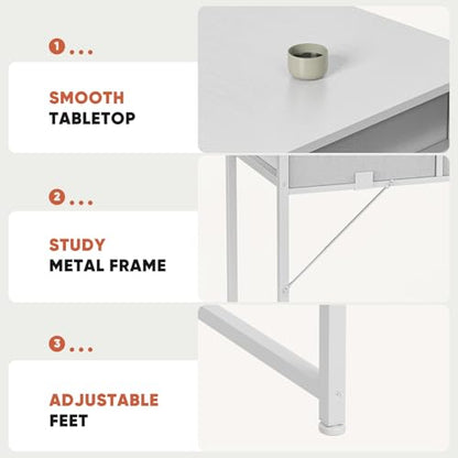 DUMOS 32" Home Office Computer Desk with Drawers, Small Gaming Writing Study Table with Storage Side Bag, Headphone Hook and Adjustable Feet for Bedroom White | Small Writing Desk for Home Office with Headphone Hook, Compact Study Table for Bedroom - colo