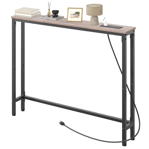 HOOBRO 39.4 Inch Narrow Console Table with Power Outlets, 5.9 Inch Sofa Table with Storage, Skinny Behind Couch Table, for Entryway Hallway, Small Spaces, Greige and Black BG52UXG01G1 - color: Greige + Black
