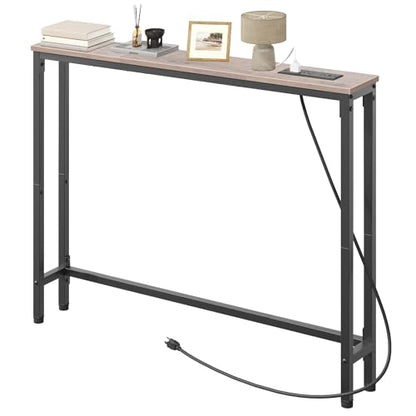 HOOBRO 39.4 Inch Narrow Console Table with Power Outlets, 5.9 Inch Sofa Table with Storage, Skinny Behind Couch Table, for Entryway Hallway, Small Spaces, Greige and Black BG52UXG01G1 - color: Greige + Black
