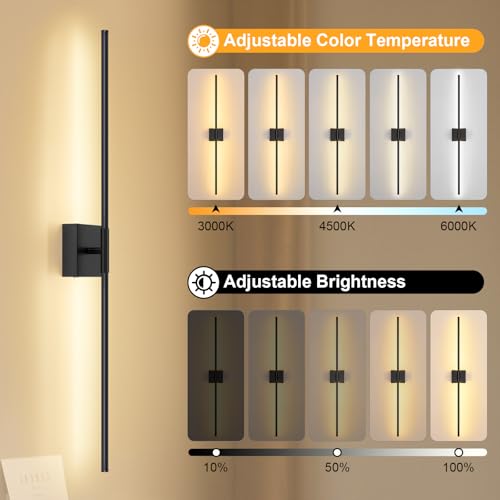 Wall Sconces Set of Two with Remote Control, 39.4 in Dimmable Black Battery Operated Wall Lights, 350° Ratation 3000K-6000K LED Wireless Rechargeable Sconce for Bathroom, Living Room, Bedroom - color: Black, size: 39.4in(2 Pack)