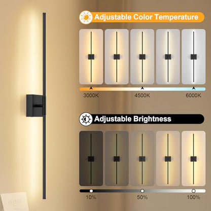 Wall Sconces Set of Two with Remote Control, 39.4 in Dimmable Black Battery Operated Wall Lights, 350° Ratation 3000K-6000K LED Wireless Rechargeable Sconce for Bathroom, Living Room, Bedroom - color: Black, size: 39.4in(2 Pack)