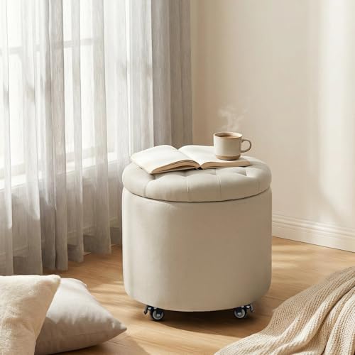 18.9 Inch Round Storage Ottoman with Wheels, Hidden Storage with Removable Lid, Stylish Button Tufted Design Ottoman for Living Room, Bedroom, Linen, Beige - color: Beige-1