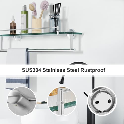 20-Inch Tempered Glass Bathroom Shelf with Towel Bar - Brushed Nickel & Stainless Steel, Wall Mount Rustproof Tower Holder with Shelves - color: Brushed Nickel, size: 20-inch with Railing