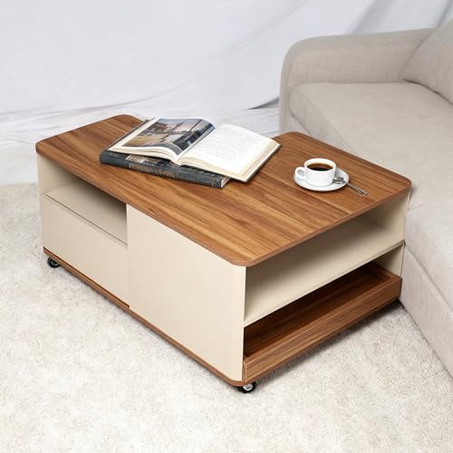 Modular Coffee Table Set of 2 with Wheels, L-Shape Convertible Wood Center Table with Drawer, Modern Nesting Small End Tables for Living Room Apartment, Space Saving Flexible Layout
