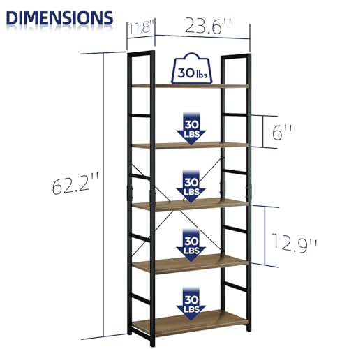 NUMENN 5 Tier Bookshelf, Tall Freestanding Open Storage Bookcase, Dark Walnut - color: Dark Walnut, size: 5 Tier