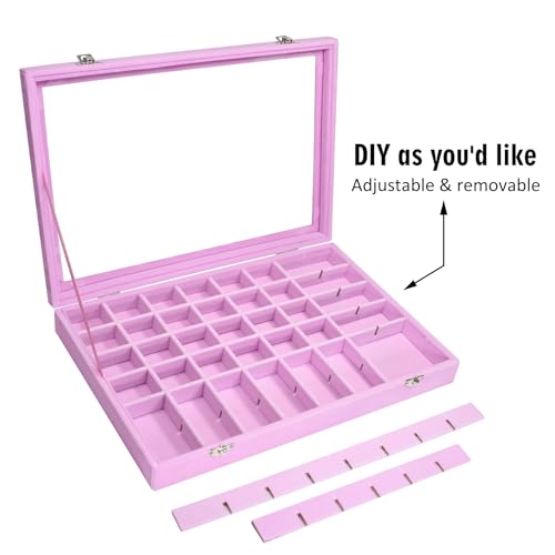 Siveit Velvet Jewelry Tray 48 Grid Jewelry Display Tray Organizer Box with Transparent Lid Rings Earrings Necklaces Pendants Display Box Suitable for Women and Girls (Pink) - color: Pink