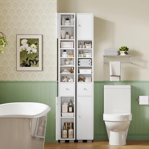 Bathroom Cabinet, Narrow Bathroom Storage Cabinet with 5 Adjustable Shelves & Drawer, Freestanding Cupboard for Small Spaces, White - color: White-5 Shelves
