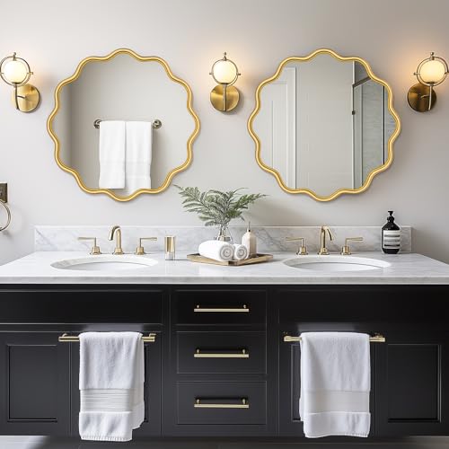 PROHOMEWARE Gold Round Mirror 24 Inch Wavy Bathroom Vanity Mirror Gold Frame Modern Wall Mirror Decorative Wall-Mounte Anti-Rust, Tempered Glass - color: Gold, size: 24"L x 24"W