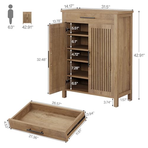 Tribesigns 5-Tier Shoe Storage Cabinet with Adjustable Shelves, Natural | Louvered Doors and Drawer, Freestanding Wooden Shoe Rack, For Entryway, Hallway, Closet - color: Natural