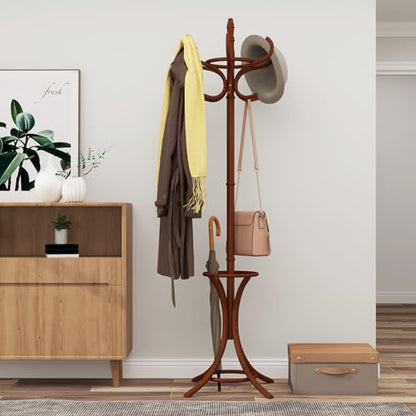 Giantex Solid Wood Coat Rack, Freestanding Hanger Stand w/12 Hooks, Umbrella Holder, Entryway Hall Tree for Coat, Hats, Scarves, Bags, Wooden Garment Rack for Bedroom, Hallway (Reddish Brown) - color: Reddish Brown