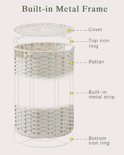 SETVSON Laundry Hamper with Lid Laundry Basket with Lid 72L, White | 19 Gal Round PE Rattan Hamper with Lid, Removable Washable Liner Bag, 2 Mesh Wash Bags, Steel Frame, Handles - color: White, size: 72 L