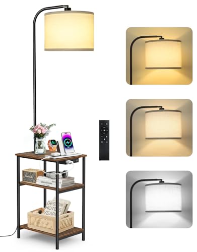 Floor Lamp with Table & Remote, Side End Table with Charging Station, Dimmable Nightstand with 3 Color Temperatures, 1-Hour Timer, 12W LED Bulb, for Living Room, Bedroom - color: Rustic Brown