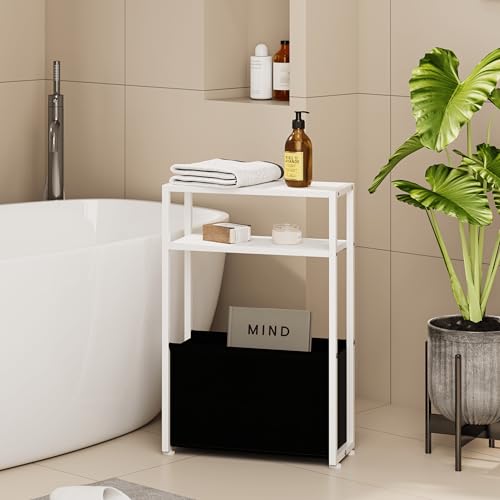 Leomonio Narrow Side Table, Slim End Tables with Fabric Basket, Skinny Table for Small Spaces, Thin Bedside Table for Living Room, Bedroom, White, ZBZ01 - color: White