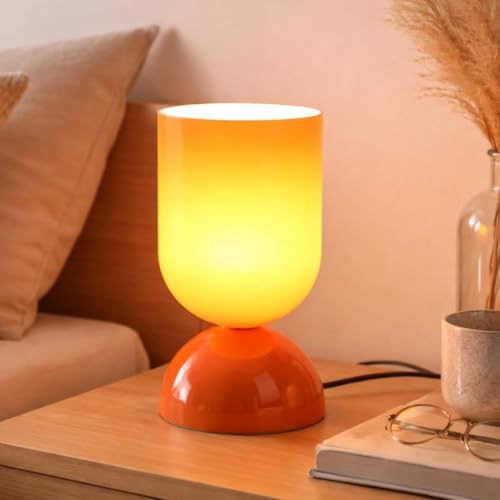 8.9" Dimmable Modern Glass Table Lamp with Dome Base, Glossy Orange | Nightstand Lamp, End Table Lamps for Living Room, Bedroom, Guest Room, Home, Side Tables, College Dorm, Office, UL Listed - color: Orange