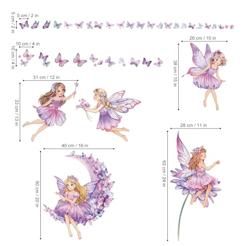 wondever Purple Fairy Girl Wall Decals Moon Butterfly Flower Wall Stickers | Peel and Stick, Removable, Wall Art Decals, Wall Decoration, Kids Room, Girls Bedroom Baby Nursery Playroom Decor