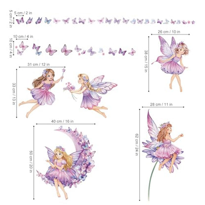 wondever Purple Fairy Girl Wall Decals Moon Butterfly Flower Wall Stickers | Peel and Stick, Removable, Wall Art Decals, Wall Decoration, Kids Room, Girls Bedroom Baby Nursery Playroom Decor