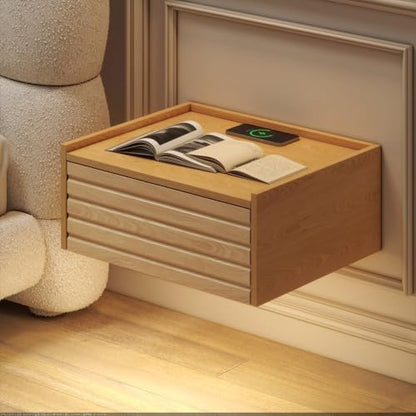 homary Floating Wooden Nightstand with Light & Charging Station, Wall Mounted Nightstand with Drawer, Wireless Charging, USB Ports, Modern Natural Floating Bedside Table for Bedroom