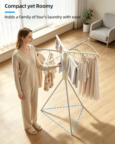 Foldable Tripod Clothes Drying Rack for Balcony, Hotel, Apartment, Bedroom | Portable Drying Rack Clothing Laundry Drying Rack for Travel, Camping with 3 Tent Pegs. Steel Frame with 12 Clips, Windproof
