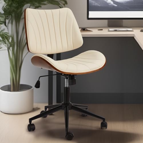 EROMMY Armless Office Desk Chair,Wooden Back Small Office Desk Chair No Arms Adjustable Height Modern Armless Chairs with Swivel Wheels for Small Spaces, Beige - color: Beige