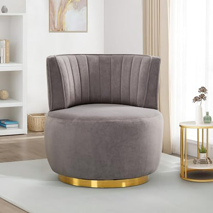 SLEERWAY 360° Swivel Barrel Chair, Modern Velvet Round Accent Chair, Comfy Upholstered Small Armchair with Gold Metal Base for Living Room Bedroom Nursery Office Sillas para Sala, Gray - color: Grey