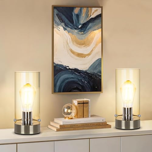 Bedside Nightstand Lamp for Bedroom Living Room, Modern Desk Lamp | Table Lamp with Glass Lamp Shape, 2700K 6W Glass Bulb Included(Bronze). - color: Bronze-Clear