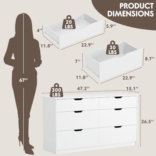 YESHOMY Dresser for Bedroom, 47.2" Modern Wood Chest with 6 Drawers, White | Two Drawer Sizes, Anti-Tip, Storage Cabinet & TV Stand for Living Room, Closet, Entryway - color: White