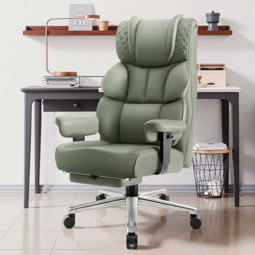 BestGlory Office Desk Chair, Big and Tall Leather Gaming Chair with Footrest, Wide Ergonomic Comfy Executive High-Back Reclining Computer Chairs, Swivel Rolling Wheels and Padded Lumbar Support, Green - color: Green, style: 3 Position Reclining