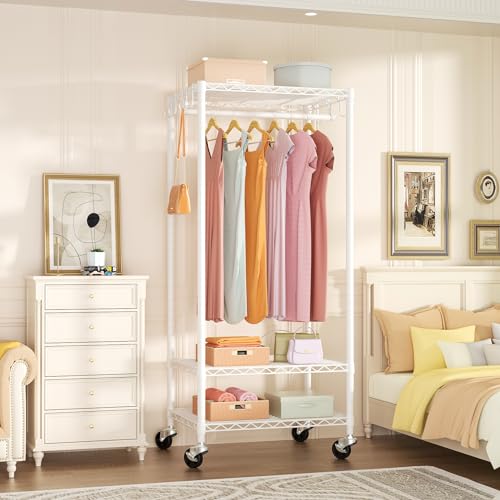 Rolling Clothes Rack, Clothing Racks for Hanging Clothes, White | P6 Mini Heavy Duty Garment Rack with Wheels, Freestanding Portable Closet Rack with Shelves, 23.6 In Wide, Max Load 360 LBS - color: White, size: P6 Mini