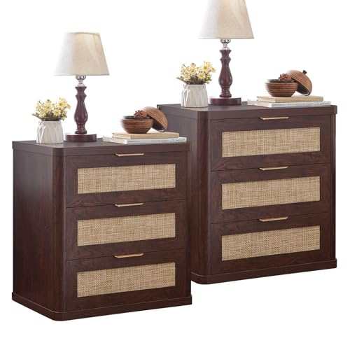 LEYAOYAO Rattan 23" Nightstands with Drawers for Bedroom | Gold Metal Handle, Storage Shelf, Walnut Night Stand, Boho Bedside Table, Bed Side End Tables Living Room, Hallway - color: Retro Walnut, size: 3 Drawers