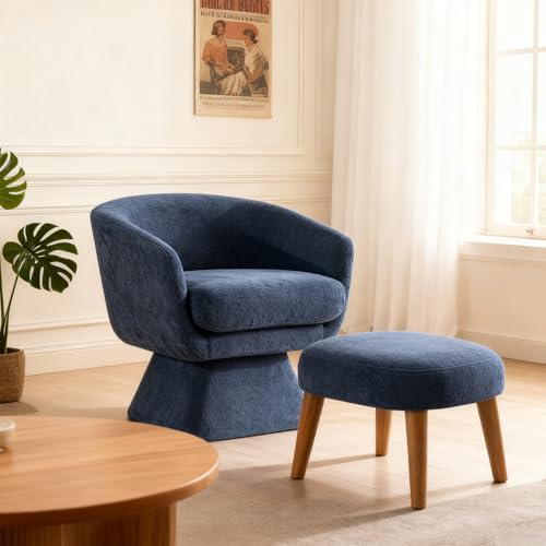 Swivel Barrel Chair and Ottoman Set, 360 Degree Club Chair, Comfy Boucle Armchair and Footstool, Upholstered Accent Sofa Chair w/Footrest for Living Room Bedroom Reception Room, Blue - color: Blue, size: Swivel chair