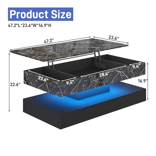 chartustriable 47.2" Large Lift Top Coffee Table, Modern LED High Glossy Coffee Table with Storage for Living Room, Lift Up Living Room Center Tables with Charging Station, LED Lights, Black - color: Black, size: 47.2"