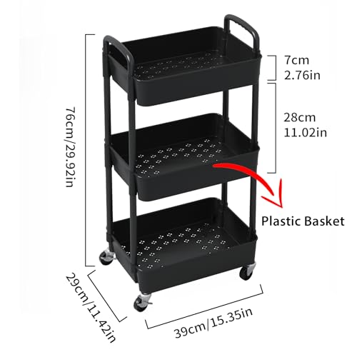 Sywhitta 3-Tier Plastic Rolling Utility Cart with Wheels for Storage,Black | Multi-Functional Storage Trolley, for Office, Living Room, Kitchen, Bathroom,Movable Organizer,Space-Saving,Easy to assemble - color: Black, size: 3-tier