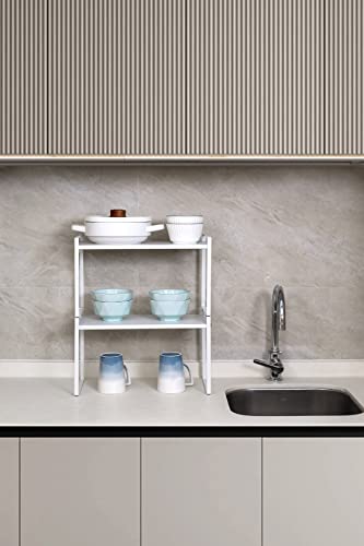 Nxconsu Stackable Cabinet Shelf Organizer 2 Pack, Standard Tall White | Heavy-Duty 3mm Steel Stackable 2-Tier Shelf, Holds 50 lb, for Kitchen Cabinet Pantry Cupboard Counter Bathroom Under Sink - color: White, size: Standard Tall - 8.3"D x 9.5"H