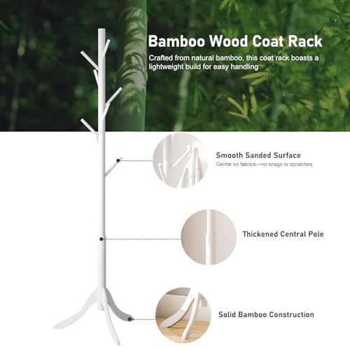 kiplant Coat Rack Stand with 8 Hooks, Adjustable Coat Standing Tree Easy Assembly for Coats, Hats, Scarves and Handbags for Entryway, Hallway, Bedroom, Office (Bamboo, White) - color: White