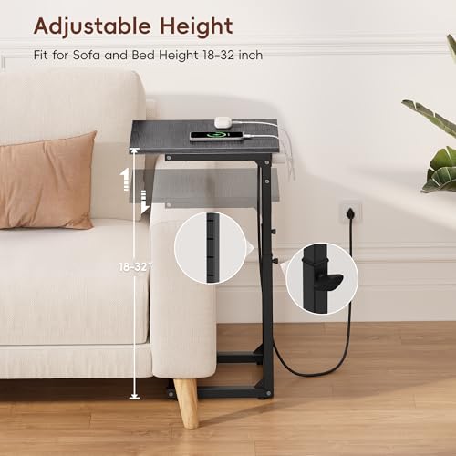 C Shaped End Table with Charging Station, 33" Tall Side Table for Couch, Adjustable Height C Table End Table, Couch Table Slide Under Sofa Table TV Tray Table for Living Room, Gray Walnut - color: Gray Walnut, style: Charging Station