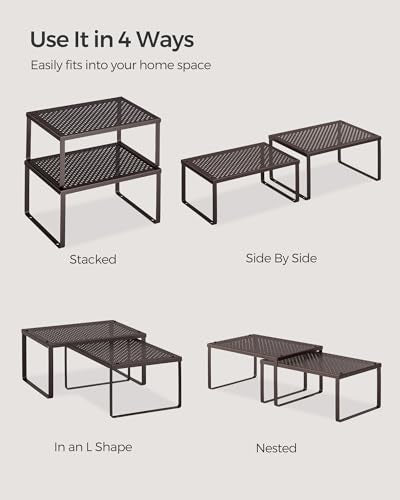 SONGMICS Set of 2 Metal Spice Racks, Stackable Expandable Shelf Risers | Steel Cabinet Shelf Organizers, Countertop Organizers, Rustic Walnut BEQUE Collection UKCS01BR