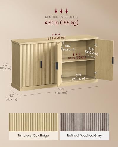 VASAGLE MAXE Collection - Buffet Cabinet, Fluted Console Cabinet, Sideboard with Adjustable Shelves, Mid Century Modern Buffet Table, 15.8 x 58.3 x 31.5 Inches, Oak Beige UBBK382Y01S - color: Oak Beige, size: 58.3"W, style: 1 Pack