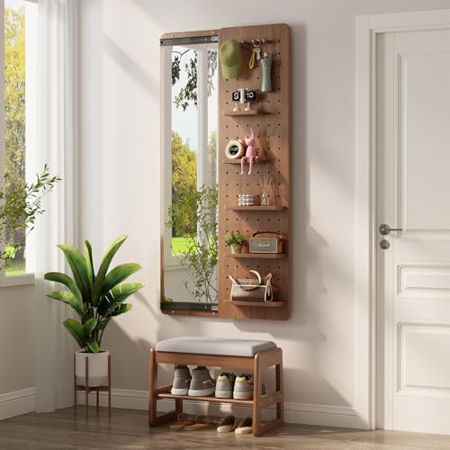 KungFuWood Full Length Mirror with Shelf and Hooks,Entry Way Mirrors for Wall,Wall Mirror with Shelf,Wall Mirror with Storage Multifunctional Design Panel,Living Room - color: Walnut, size: 63"L x 18"W
