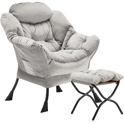 Youtanic Lazy Chair with Folding Ottoman, Accent Chair Velvet Upholstered with Metal Structure and Non-Slip Pads, Sofa Armchair with Footrest and Side Storage Bag for Dorm, Room, Office, Light Gray - color: Light Gray