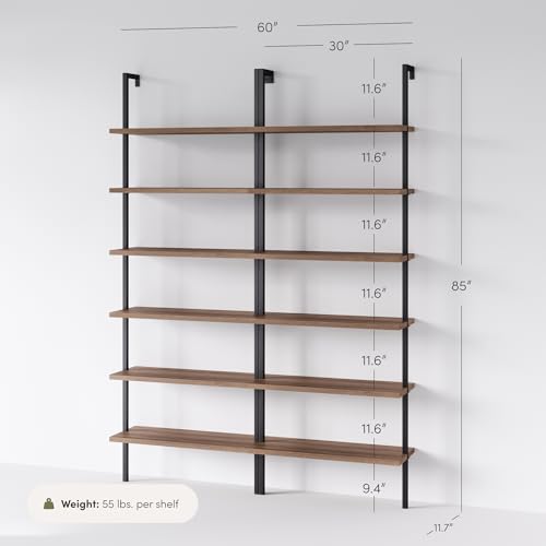 Nathan James Theo 6-Shelf Tall Bookcase, Wall Mount Bookshelf with Reclaimed Oak Wood and Industrial Metal Frame, Reclaimed Oak/Matte Black, Set of 2 - color: Oak/Matte Black, size: Set of 2