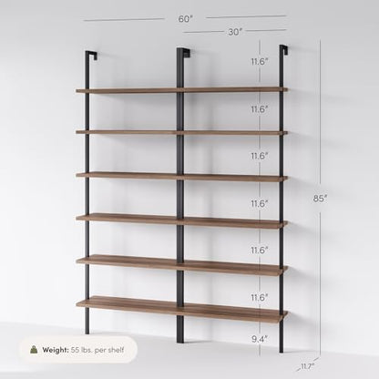 Nathan James Theo 6-Shelf Tall Bookcase, Wall Mount Bookshelf with Reclaimed Oak Wood and Industrial Metal Frame, Reclaimed Oak/Matte Black, Set of 2 - color: Oak/Matte Black, size: Set of 2