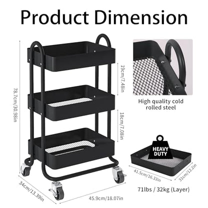 Metal Rolling Cart,3-Tier Metal Rolling Cart with Wheels,3 Tier Utility Cart with Wheels for Office,Home,Kitchen,Garden（13.4"x18.1"x31"） Black - color: Black, size: 31"H