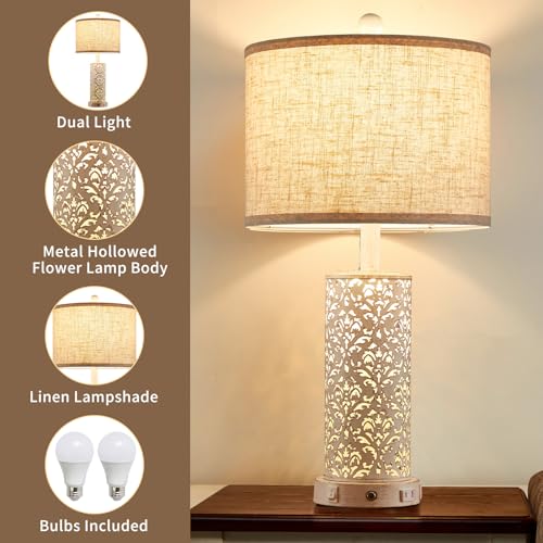 SAIWEYA 26" Set of 2 Farmhouse Table Lamp for Bedroom, Dimmable Touch | 3 Way Dimmable, 2 USB Ports + AC Outlet Bedside Lamp for Nightstand, LED Bulb Included, Fabric Shade, Flower Metal Body - color: White-26in