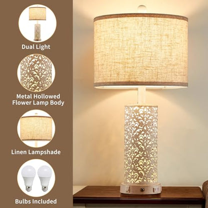 SAIWEYA 26" Set of 2 Farmhouse Table Lamp for Bedroom, Dimmable Touch | 3 Way Dimmable, 2 USB Ports + AC Outlet Bedside Lamp for Nightstand, LED Bulb Included, Fabric Shade, Flower Metal Body - color: White-26in