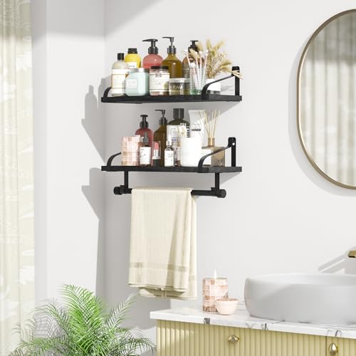 Love-KANKEI 17.3"Floating Wall Shelves Set of 2,Solid Wood,Coffee Bar,Black | Spice Rack,Towel Bar/8 Hooks,39 Lbs/shelf,Easy to Install,For Kitchen,Bathroom,Living Room,Bedroom,Office,Entryway Display - color: Black