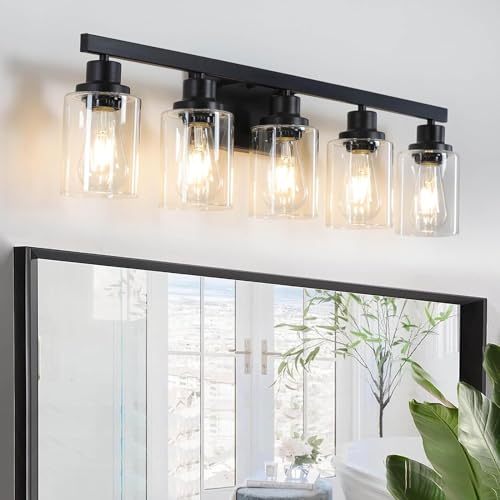 5-Light Black Bathroom Vanity Light, Modern Vanity Lighting Fixture for Bathroom, 31" Matte Light Fixture, Wall Sconces with Clear Glass Shade, Black Bathroom Wall Light Over Mirror - color: Black, size: 5-light