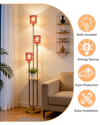 62IN Gold Floor Lamp with Deep Red Glass Shade 3-Lights Mid-Century Modern Farmhouse Floor Lamps with 3000K Warm White Bulbs, Tall Standing Lamp with 5Lbs Heavy Base for Living Room/Bedroom - color: 3 Deep Red Cylinder-Gold