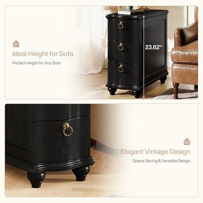 Tribesigns Wood Black End Table, 3-Drawers Fully Assembled Narrow Slim Side Table, No Assembly Required, Nightstand for Bedside, Small Spaces, Living Room, Bedroom - color: Black